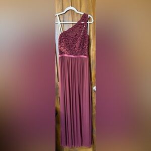One-Shoulder Burgundy Lace & Chiffon Evening Gown